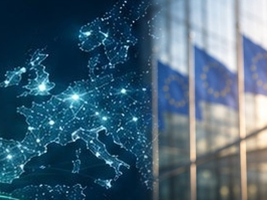 A glowing digital network of connected nodes across the map of Europe blending into EU flags outside a European institution, representing cross-border eIDAS-compliant validation across the EU
