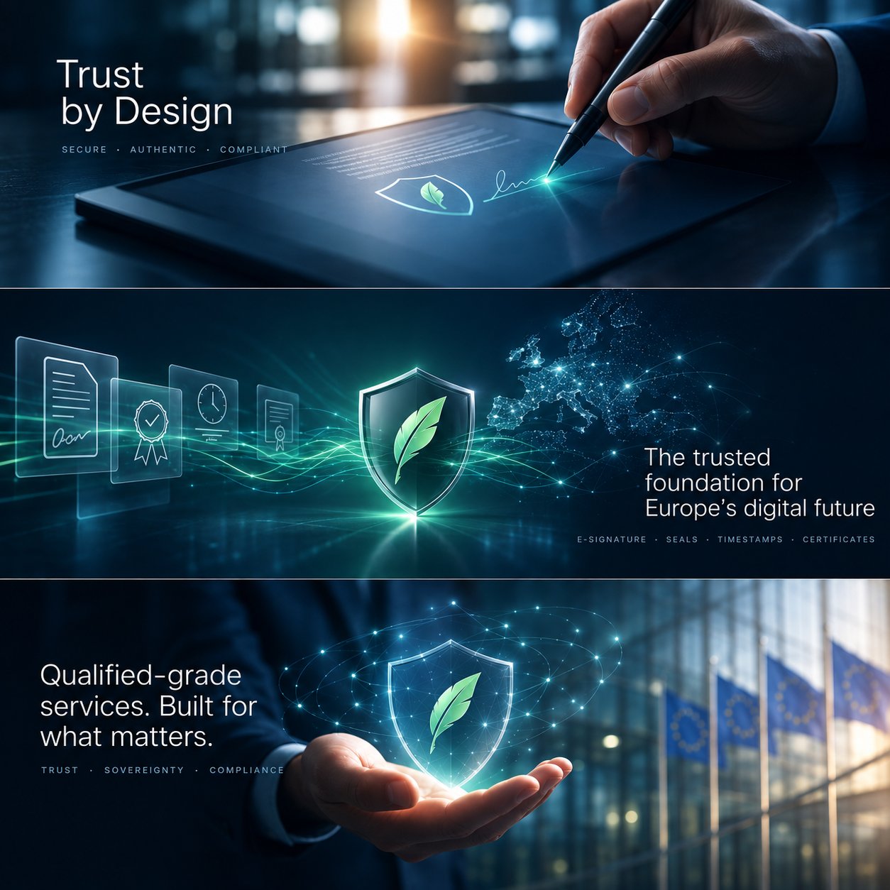 Trust by Design — a hand signing a digital document with a verified trust seal, an EU-wide digital trust network, and a certified trust shield, representing Invicta Trust Services' qualified-grade trust services across Europe.