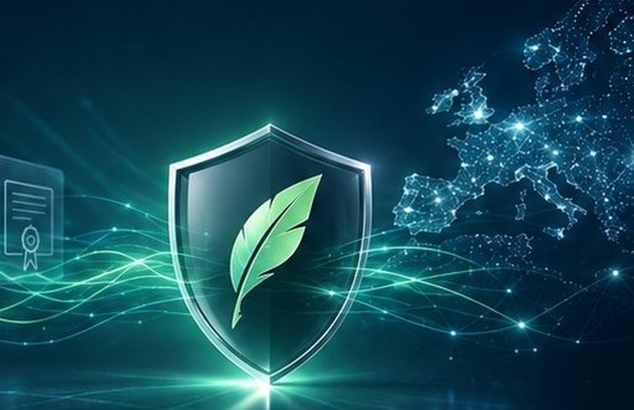 A glowing shield with a leaf, symbolising trust, connected to a digital network across Europe, representing trust and traceability